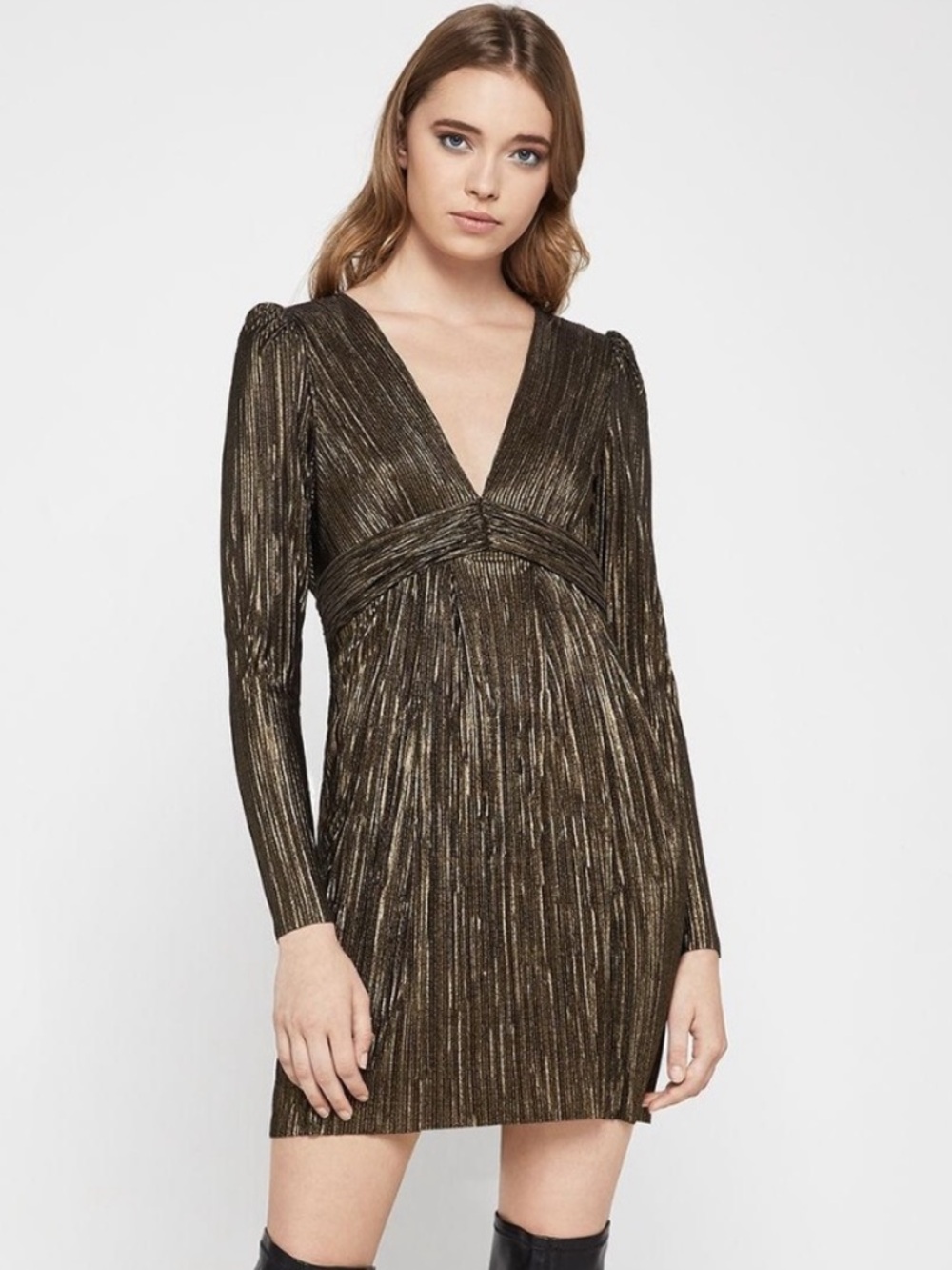 BCBGeneration Metallic Bronze Pleated V-Neck Long Sleeve Dress